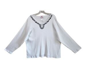 QUACKER FACTORY Women's Plus 2X Tunic Top Ribbed Cream White Black Beaded 48"